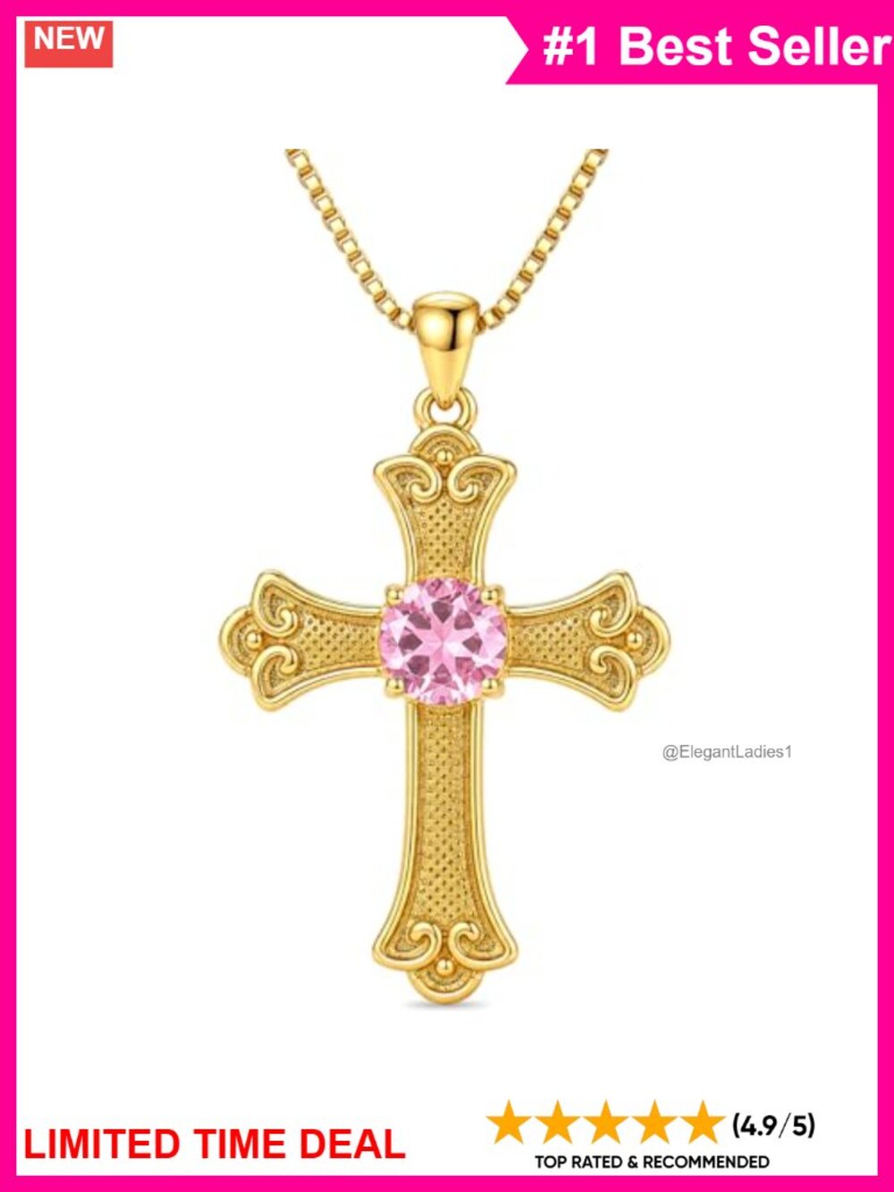 14K Gold Plated Vintage Cross Necklace Round Birthstone Pendant for Women